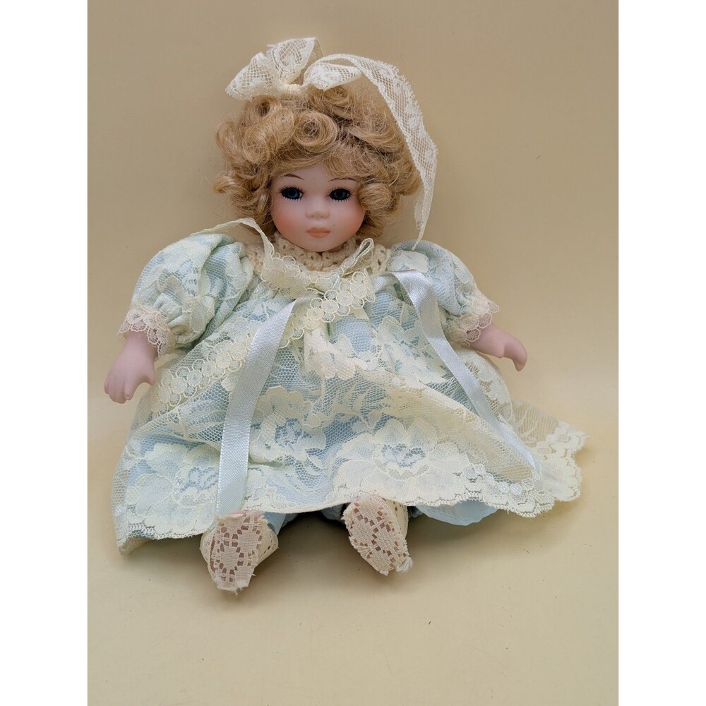 Collectible Bisque Porcelain Girl Doll Blonde Curls Blue Dress Lace Trim Vintage